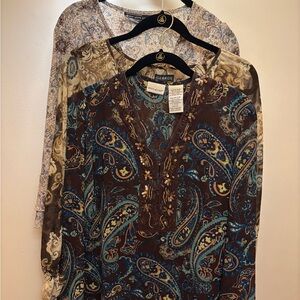 Lot of 3 women's blouses. Brown, tan, blues. Sequin, ruffle, detail. Size S.
